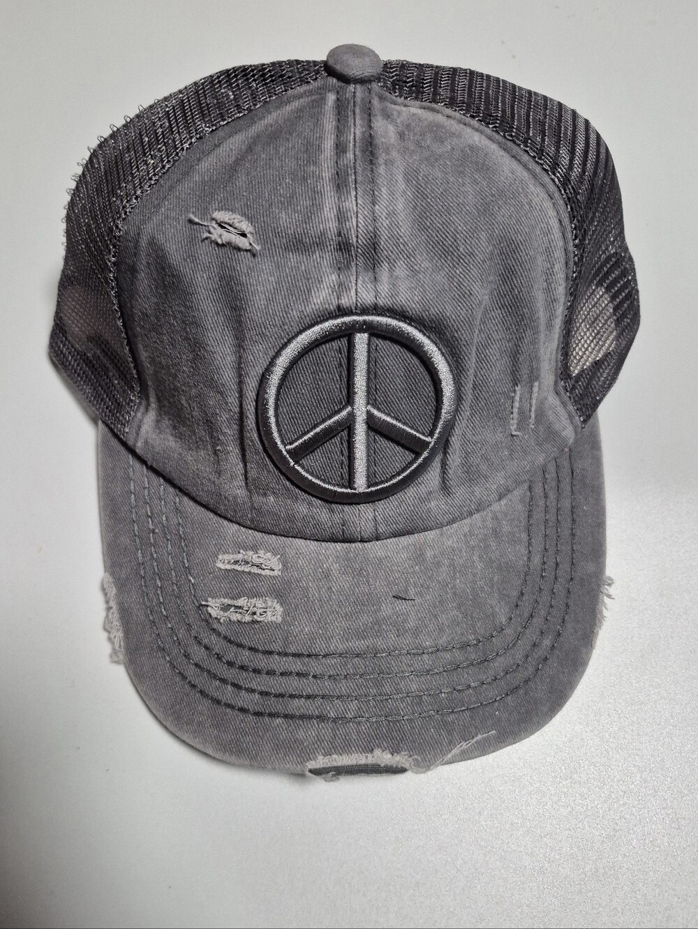 Cc Womens  Distressed Gray Peace Sign Crisscross Cap